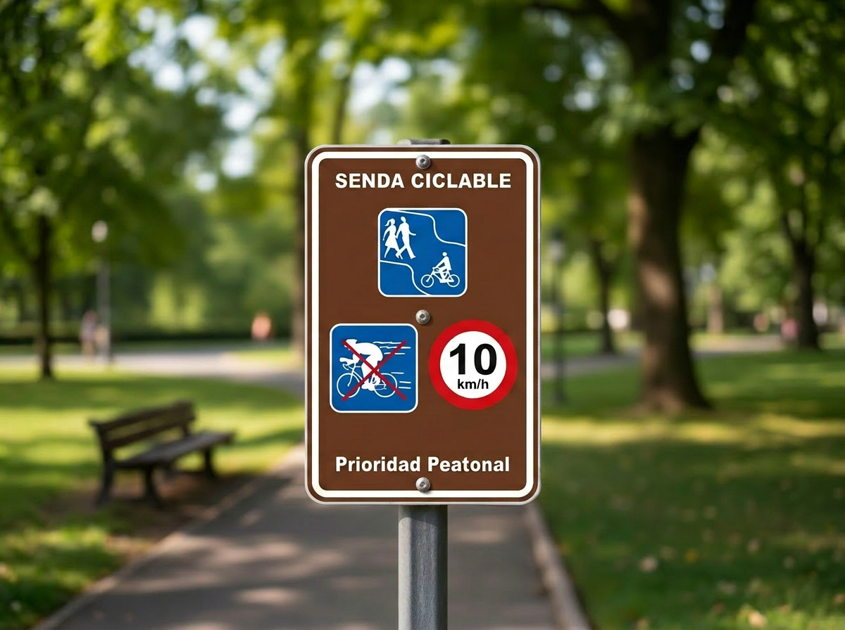 Señalética de prioridad peatonal y límite de 10 km/h en Madrid Río